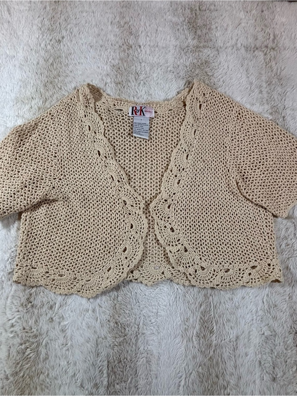 R&K Crochet Cropped Cardigan in Light Cream